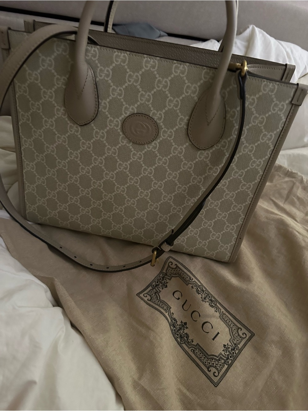 Gucci Beige GG Supreme Tote with Leather Trim